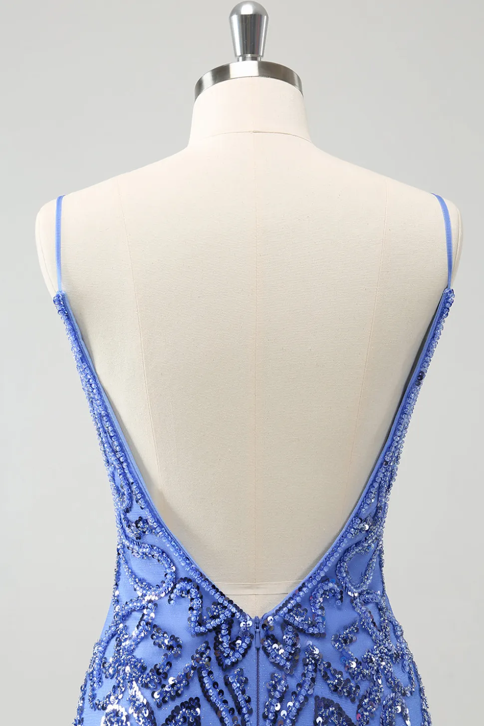 Azul Backless Spaghetti Correias Apertado Homecoming Dress com Sequins