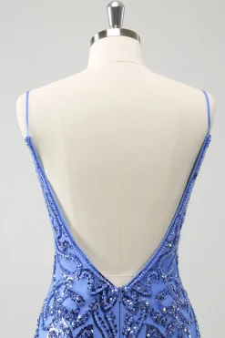 Azul Backless Spaghetti Correias Apertado Homecoming Dress com Sequins