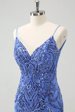 Azul Backless Spaghetti Correias Apertado Homecoming Dress com Sequins