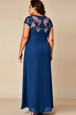 Azul Bainha Chiffon Tamanhos Grandes Longos Vestido Mae Noiva com Apliques