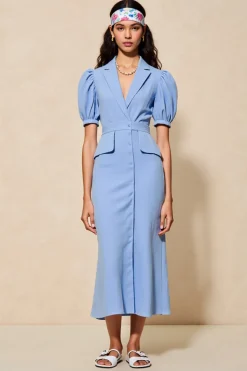 Azul Bainha Lapela Entalhada Longos Vestido Para Casamento Convidada