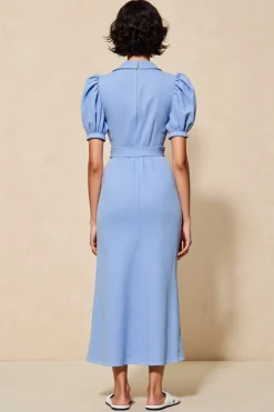 Azul Bainha Lapela Entalhada Longos Vestido Para Casamento Convidada