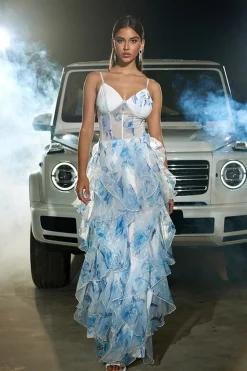 Azul Branco Flor Espartilho Tule Uma Linha V Pescoço Esparguete Correias Long Prom Dress