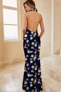Azul Branco Flor Sereia Halter Open Back Print Long Bridesmaid Dress
