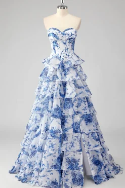 Azul Branco Linha-A Sem Alças Longo Vestido De Baile com Fenda