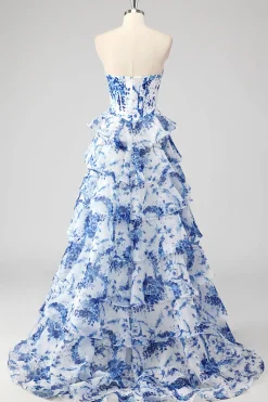 Azul Branco Linha-A Sem Alças Longo Vestido De Baile com Fenda