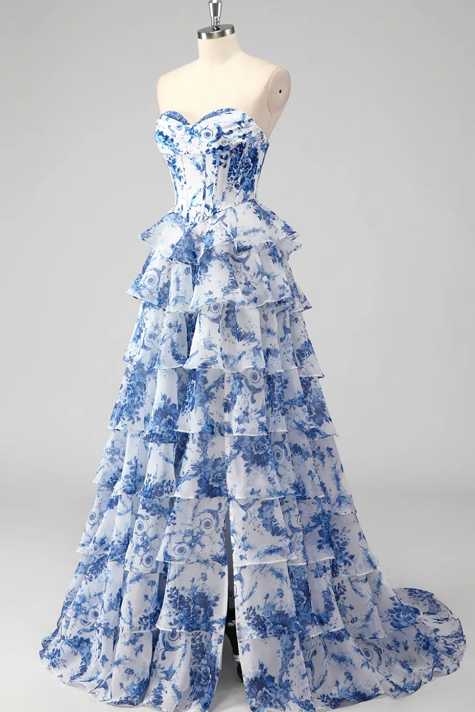 Azul Branco Linha-A Sem Alças Longo Vestido De Baile com Fenda
