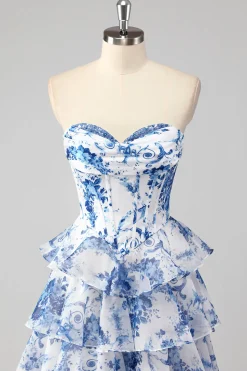 Azul Branco Linha-A Sem Alças Longo Vestido De Baile com Fenda