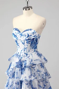 Azul Branco Linha-A Sem Alças Longo Vestido De Baile com Fenda