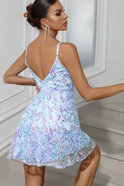 Azul brilhante A-Line Sequined Bordado Esparguete Alças Vestido Curto de Festa