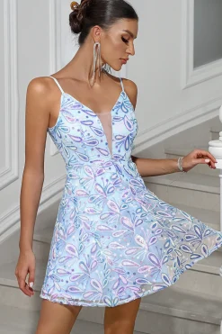 Azul brilhante A-Line Sequined Bordado Esparguete Alças Vestido Curto de Festa