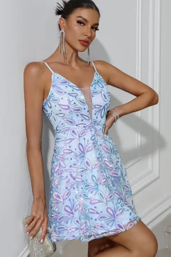 Azul brilhante A-Line Sequined Bordado Esparguete Alças Vestido Curto de Festa