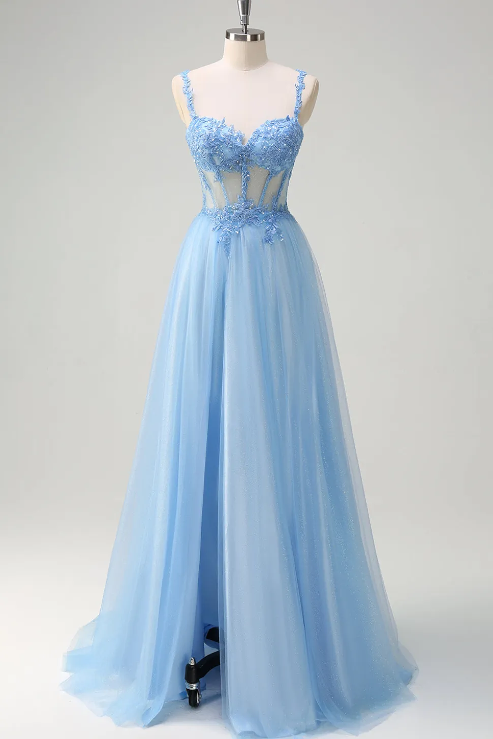 Azul brilhante A-Line Sheer Corset Lace Up Back Long Prom Dress com fenda