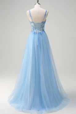 Azul brilhante A-Line Sheer Corset Lace Up Back Long Prom Dress com fenda