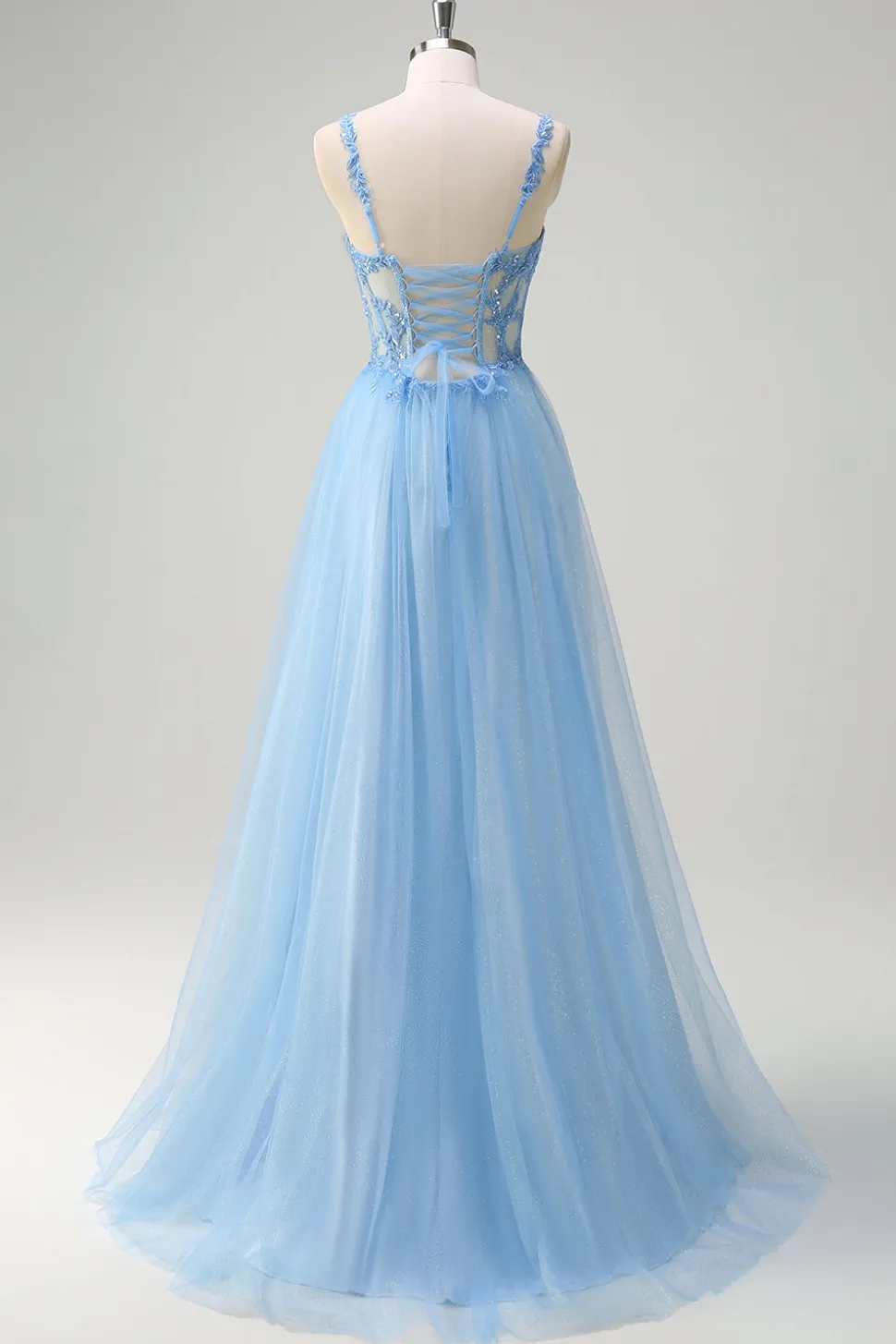 Azul brilhante A-Line Sheer Corset Lace Up Back Long Prom Dress com fenda