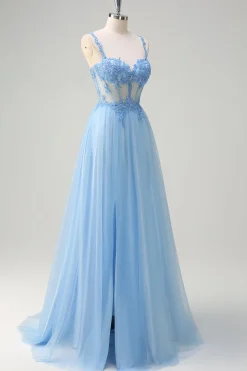 Azul brilhante A-Line Sheer Corset Lace Up Back Long Prom Dress com fenda