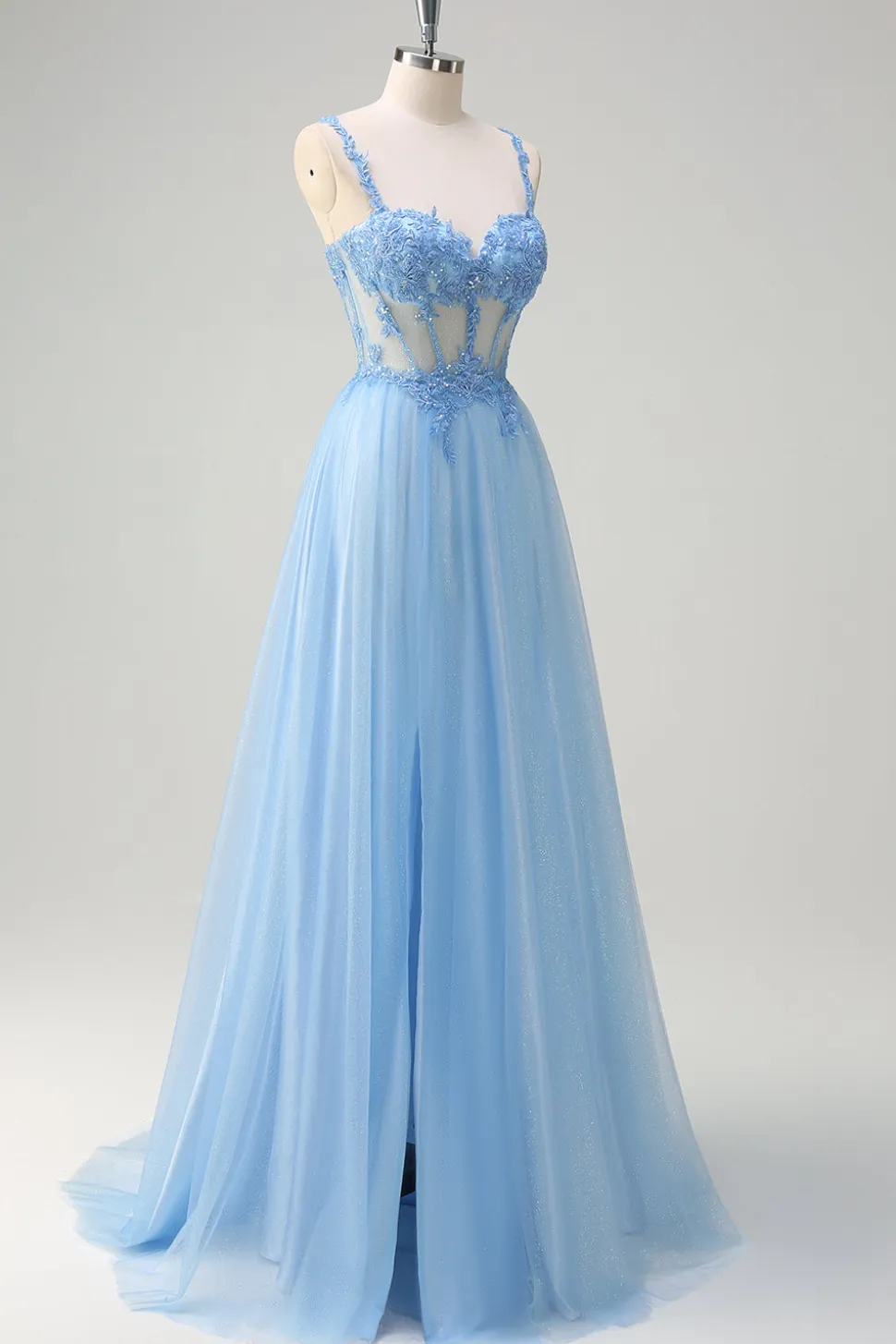 Azul brilhante A-Line Sheer Corset Lace Up Back Long Prom Dress com fenda