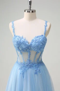 Azul brilhante A-Line Sheer Corset Lace Up Back Long Prom Dress com fenda