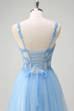 Azul brilhante A-Line Sheer Corset Lace Up Back Long Prom Dress com fenda