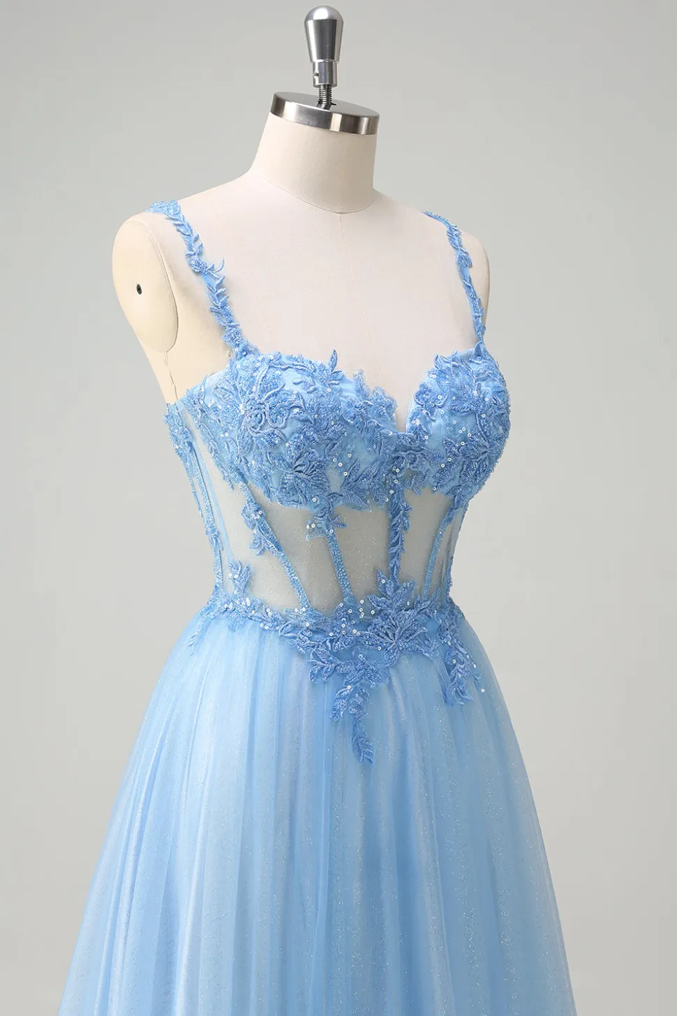Azul brilhante A-Line Sheer Corset Lace Up Back Long Prom Dress com fenda