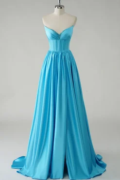 Azul brilhante A-Line Strapless Sequin Corset Long Prom Dress