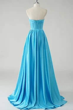 Azul brilhante A-Line Strapless Sequin Corset Long Prom Dress
