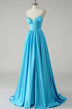 Azul brilhante A-Line Strapless Sequin Corset Long Prom Dress
