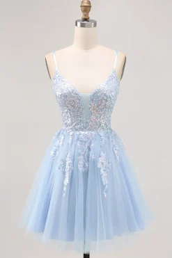 Azul brilhante A-line Tulle Sequins Vestido Curto Homecoming com renda para trás