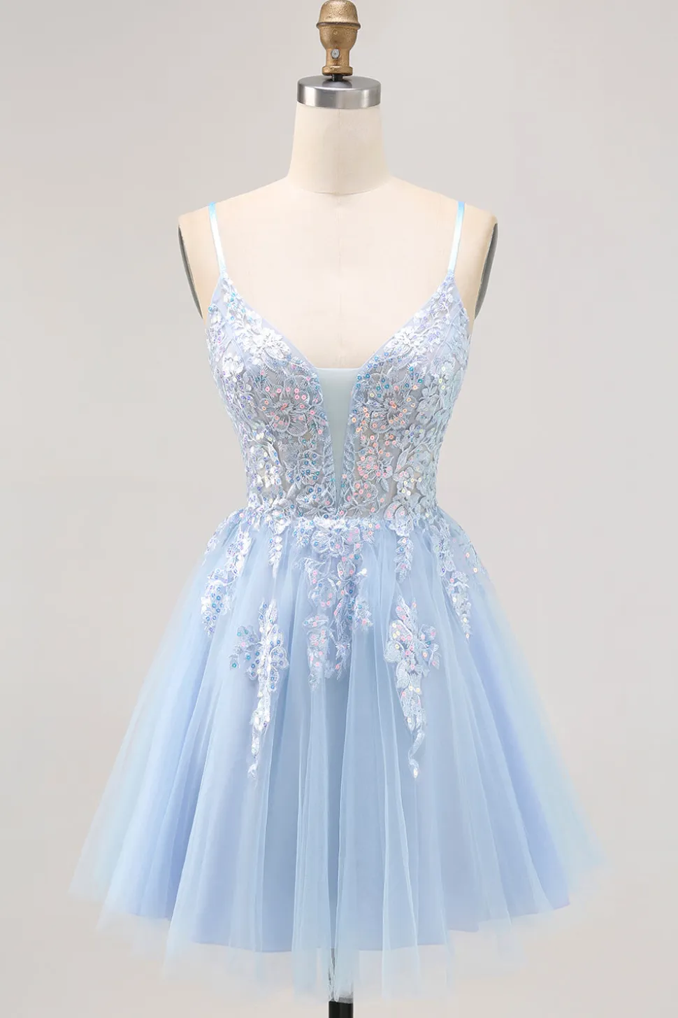 Azul brilhante A-line Tulle Sequins Vestido Curto Homecoming com renda para trás
