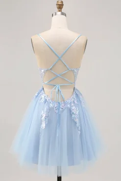 Azul brilhante A-line Tulle Sequins Vestido Curto Homecoming com renda para trás