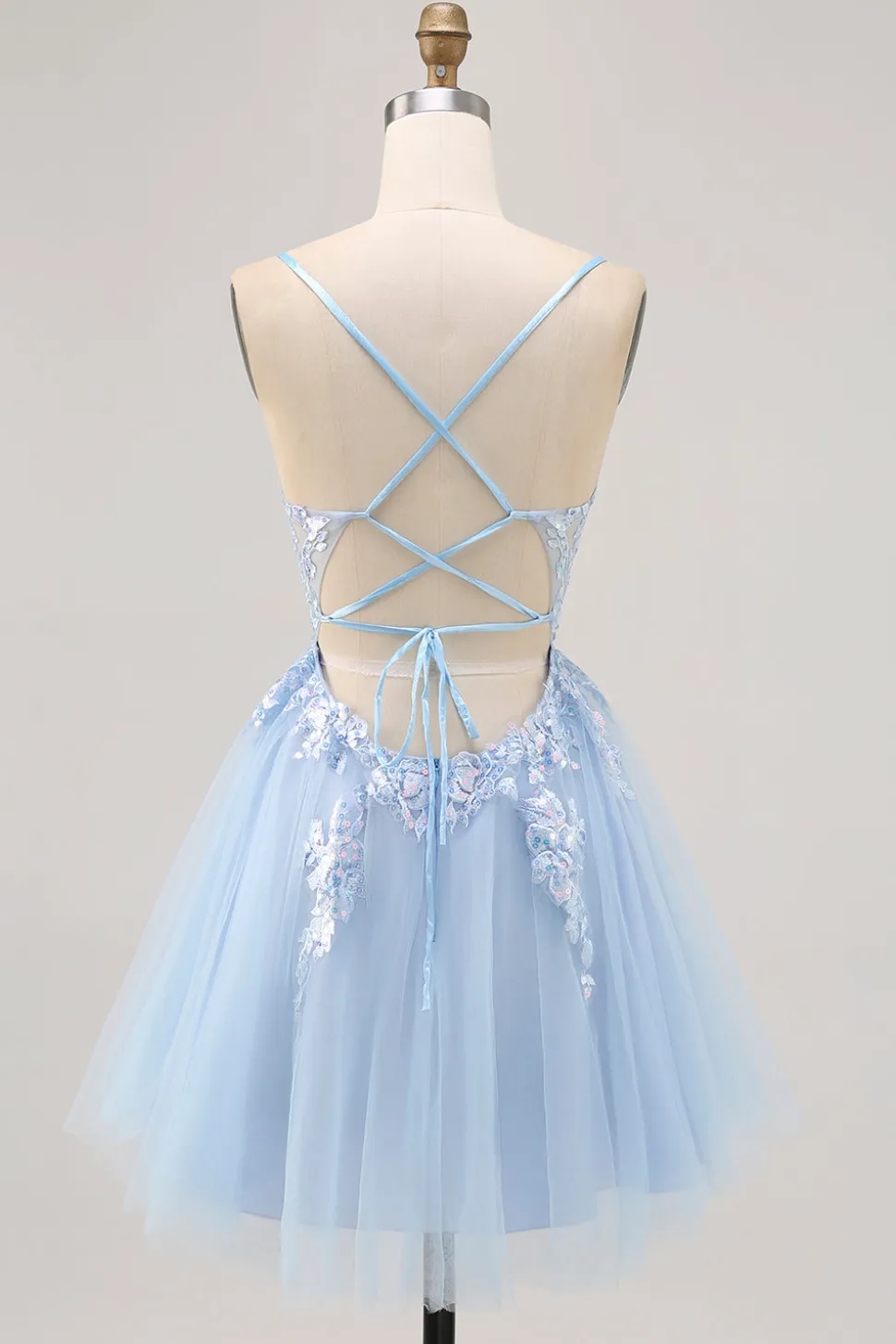 Azul brilhante A-line Tulle Sequins Vestido Curto Homecoming com renda para trás