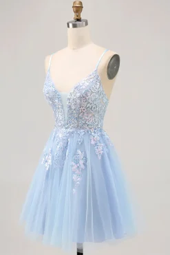Azul brilhante A-line Tulle Sequins Vestido Curto Homecoming com renda para trás