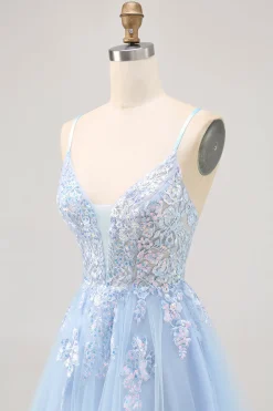 Azul brilhante A-line Tulle Sequins Vestido Curto Homecoming com renda para trás