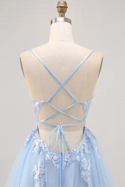 Azul brilhante A-line Tulle Sequins Vestido Curto Homecoming com renda para trás