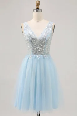 Azul brilhante A-line Tulle Vestido Curto Homecoming com Sequins