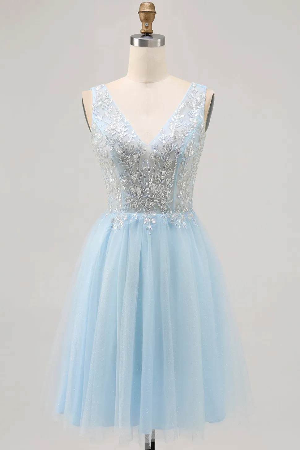 Azul brilhante A-line Tulle Vestido Curto Homecoming com Sequins