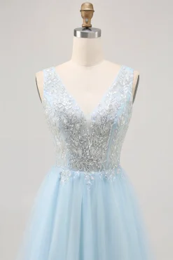 Azul brilhante A-line Tulle Vestido Curto Homecoming com Sequins