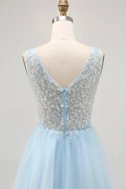 Azul brilhante A-line Tulle Vestido Curto Homecoming com Sequins