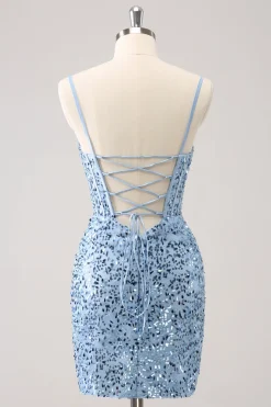 Azul brilhante apertado espaguete correias espartilho curto homecoming vestido com lantejoulas