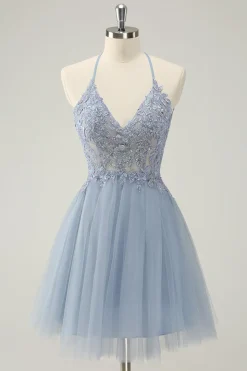 Azul Brilhante Dusty A Line Halter Homecoming Dress com Apliques