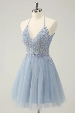 Azul Brilhante Dusty A Line Halter Homecoming Dress com Apliques