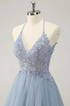 Azul Brilhante Dusty A Line Halter Homecoming Dress com Apliques
