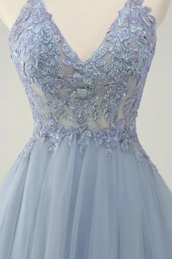Azul Brilhante Dusty A Line Halter Homecoming Dress com Apliques
