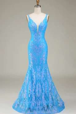 Azul brilhante profundo V-neck Sereia Prom Dress