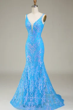 Azul brilhante profundo V-neck Sereia Prom Dress