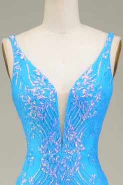 Azul brilhante profundo V-neck Sereia Prom Dress