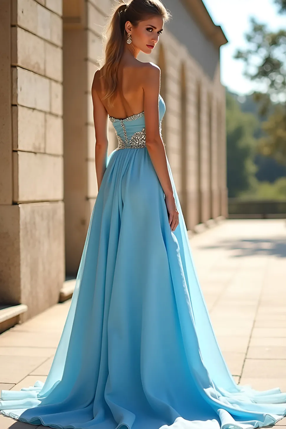 Azul brilhante uma linha querida frisado vestido longo baile de formatura com fenda