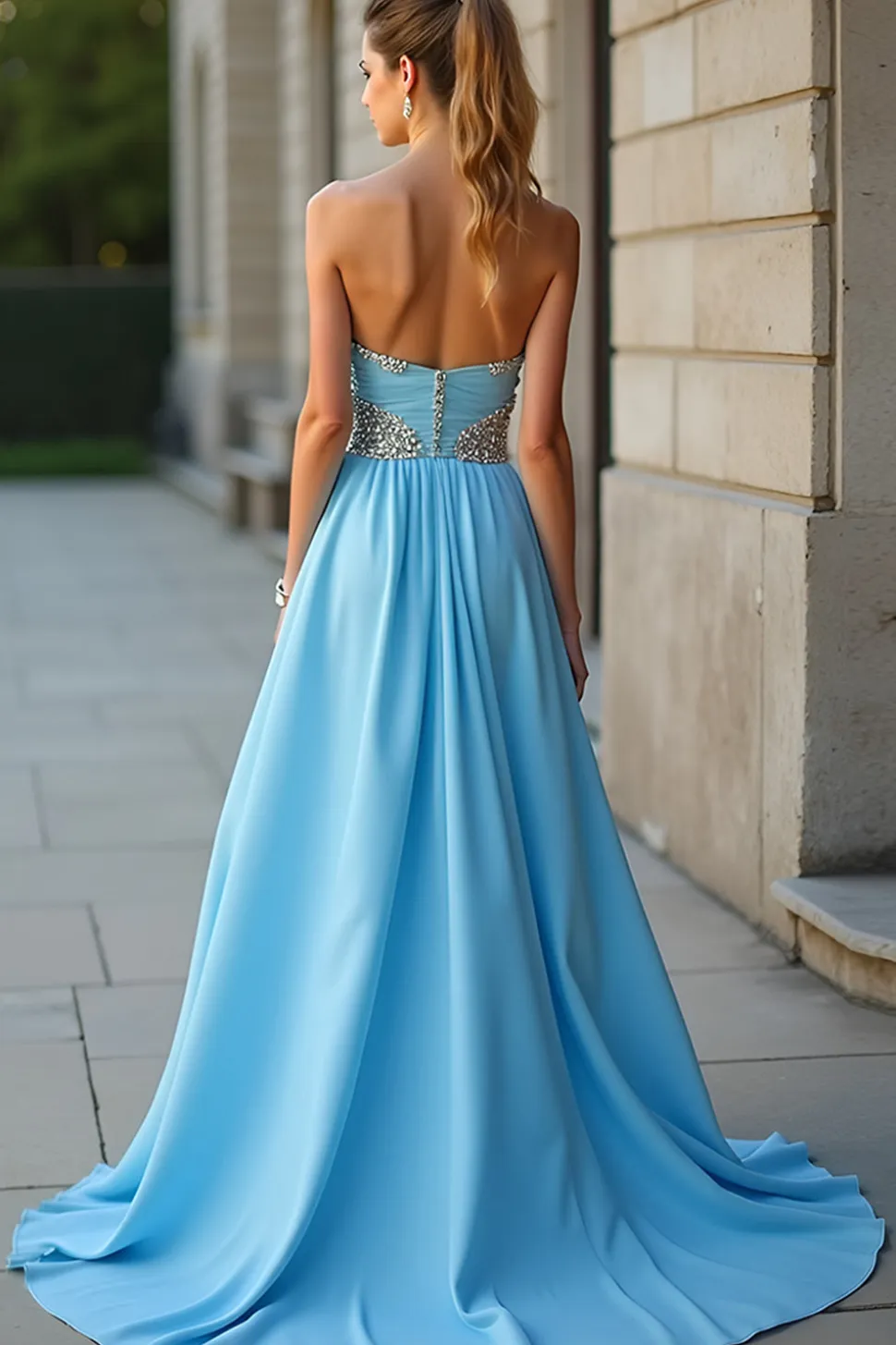 Azul brilhante uma linha querida frisado vestido longo baile de formatura com fenda