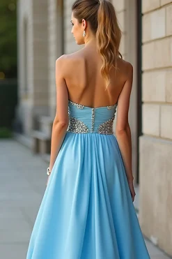 Azul brilhante uma linha querida frisado vestido longo baile de formatura com fenda