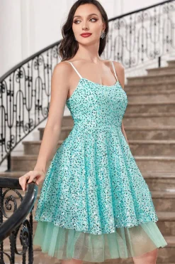 Azul Brilhante Uma Linha Esparguete Correias Sequins Tiered Vestido de Coquetel Curto